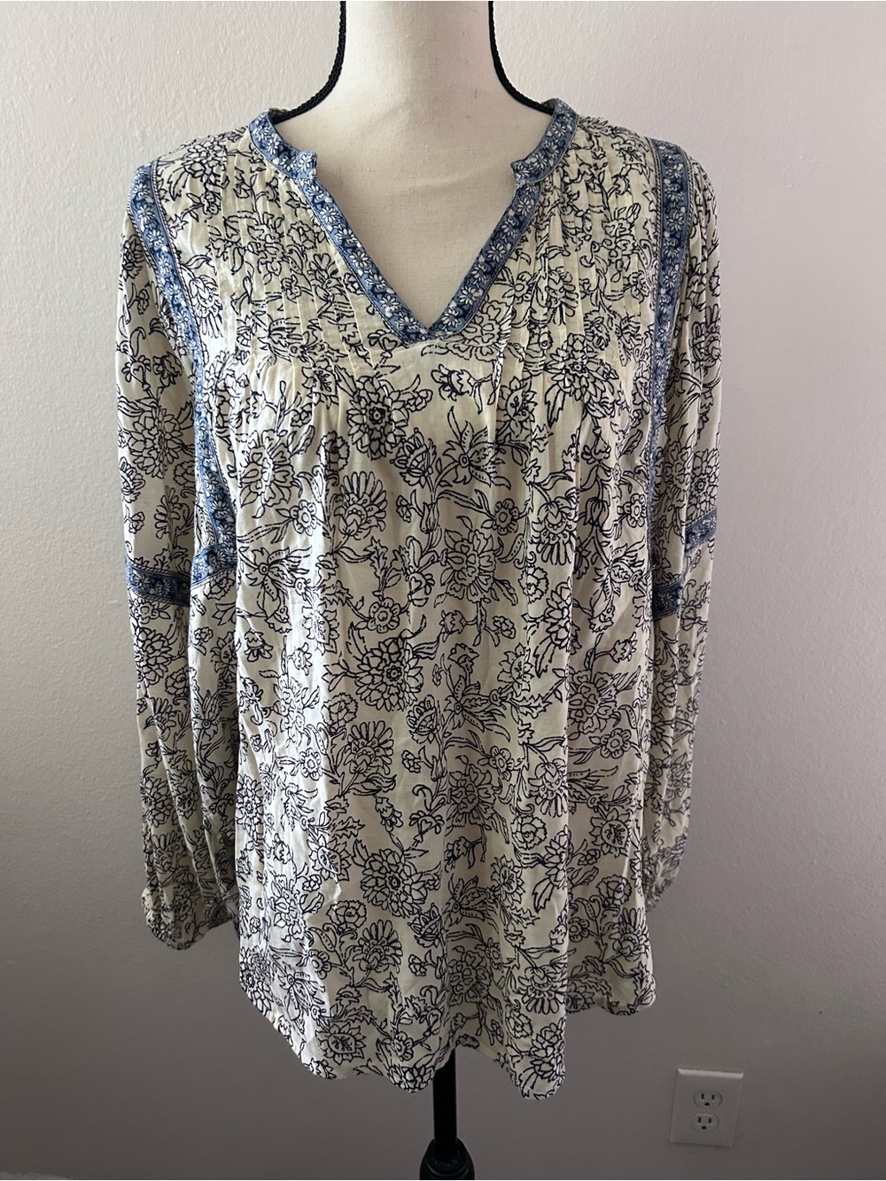 Blue Cream Pleated Floral Peasant Top Boho Prairie Cottagecore Western Large - Picture 3 of 7